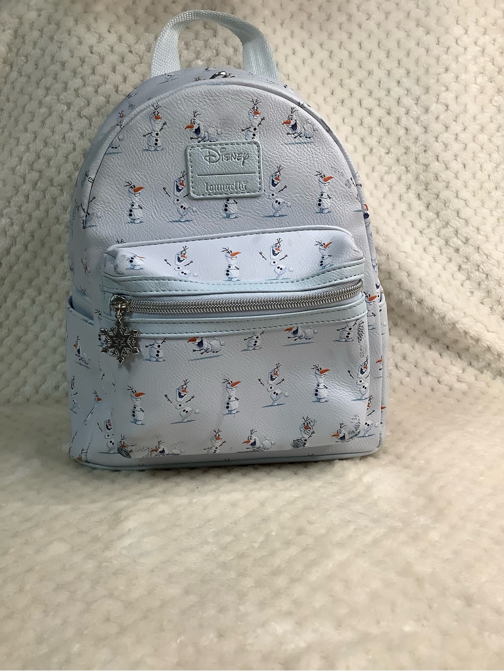 Disney Loungefly Light Blue Frozen Olaf Mini Backpack with Snowflake Charm